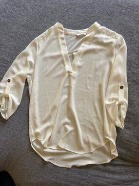 Lush Cream V-Neck Roll-Tab Blouse